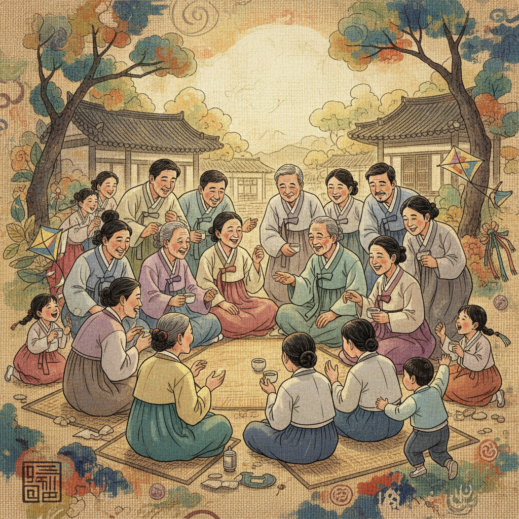 illustration, artistic rendering, textured background, showing a diverse group of Korean people of different ages gathering, talking, and laughing, depicting the wisdom of life and the importance of community, no text