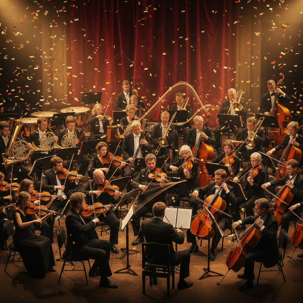 A vibrant scene of various orchestral instruments playing together, energetic atmosphere, warm lighting, textured background, no text
