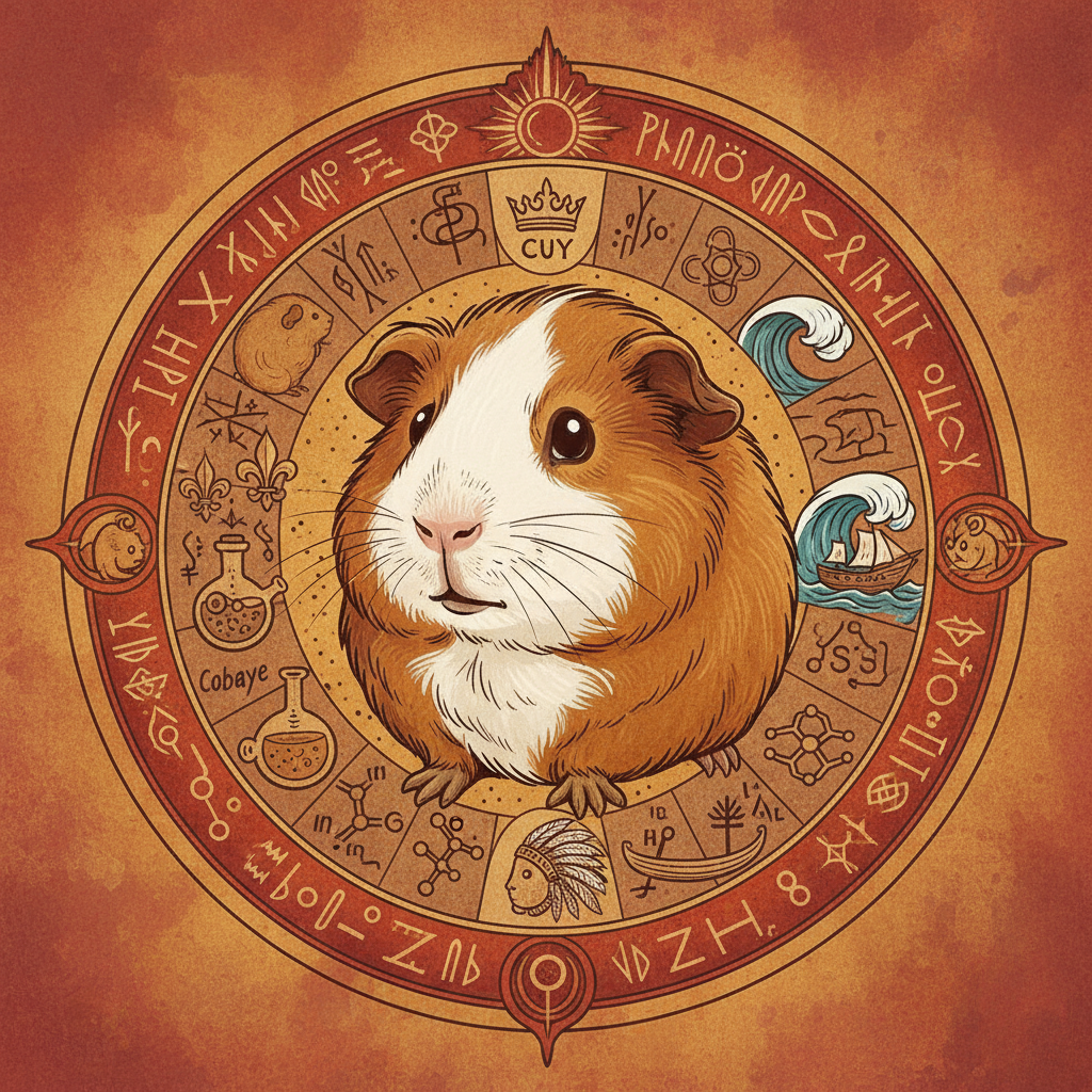 An artistic illustration of a guinea pig surrounded by various ancient and modern symbols, representing its different names and historical journey. Textured, warm-toned background, no text, illustration style.