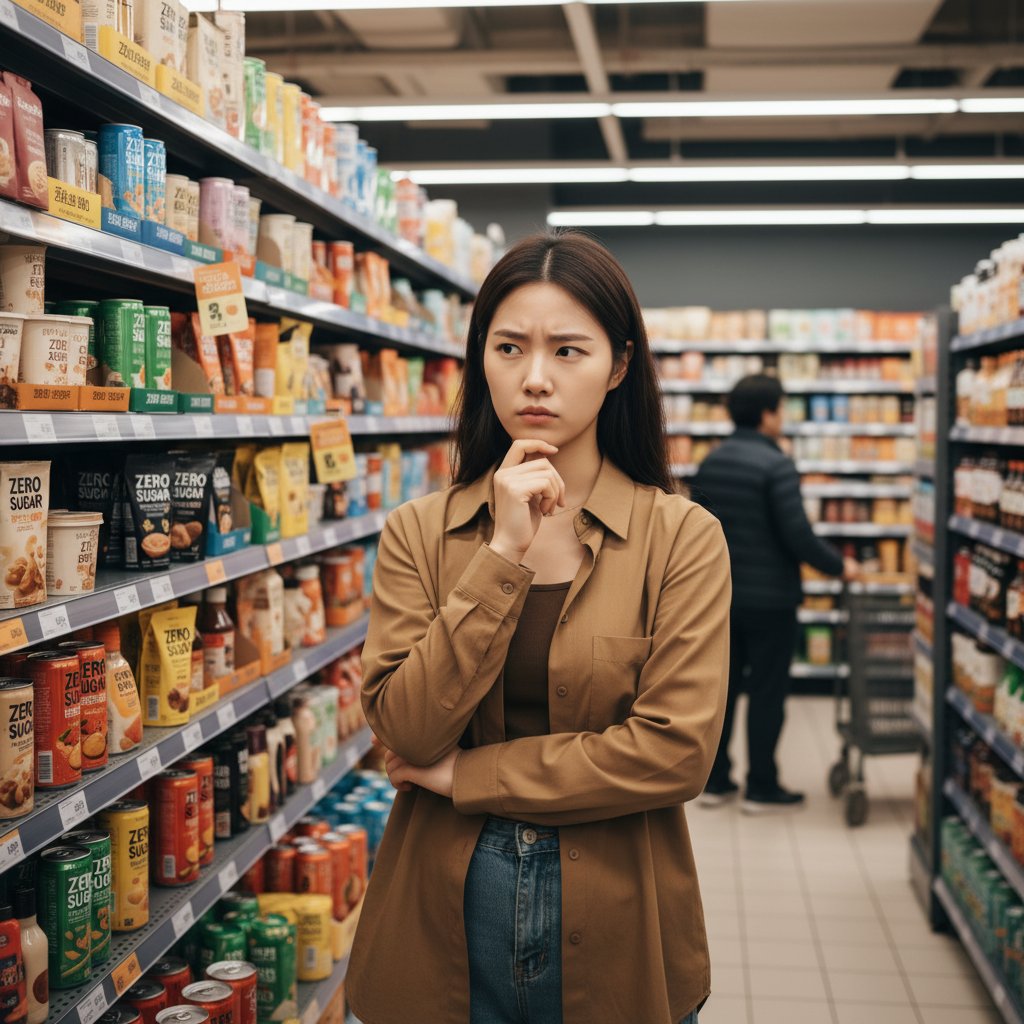 A young Korean woman standing in front of a supermarket shelf filled with various zero-sugar products, looking thoughtful, lifestyle photography, warm lighting, grocery store background, natural setting, no text