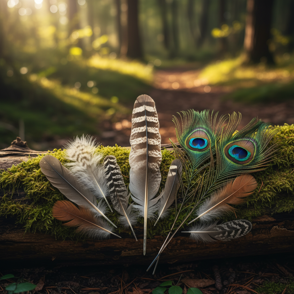 A collection of various types of bird feathers (flight, down, ornamental), arranged elegantly, each clearly showing its distinct characteristic, rich natural background, no text