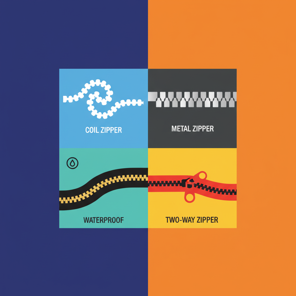 Clean infographic showing different types of zippers like coil, metal, waterproof, and two-way zippers, modern layout, high contrast, colored background, no text