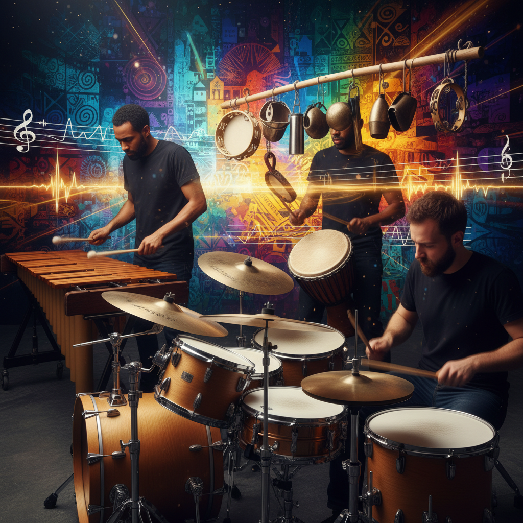 Dynamic scene of various percussion instruments creating rhythms, rich textured background, vibrant colors, no text