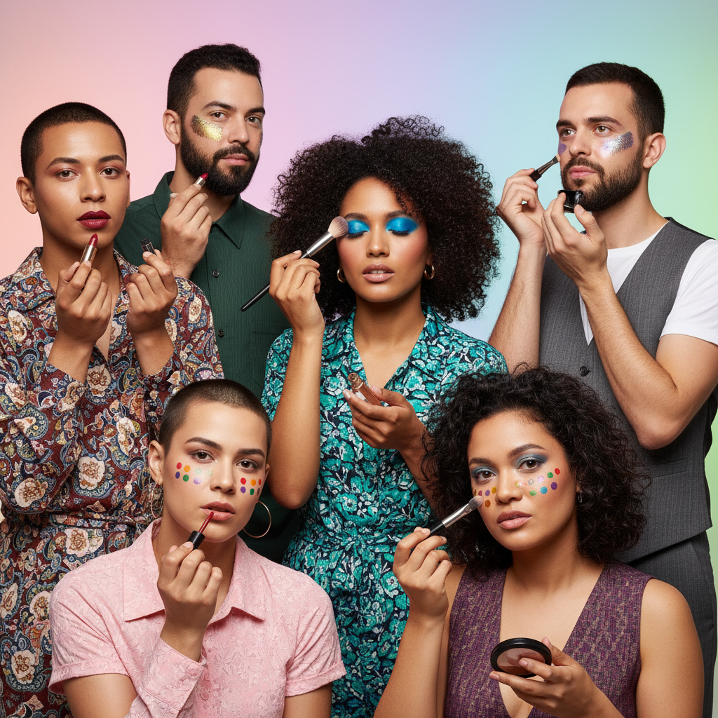 A vibrant lifestyle photography scene showing diverse modern individuals applying different styles of makeup, representing self-expression and identity, bright balanced lighting, colorful gradient background, no text, centered focus, visually rich