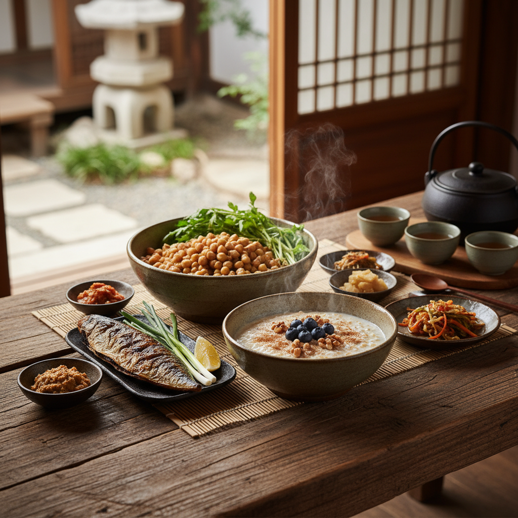 A vibrant still life photograph featuring various blood sugar-friendly foods like chickpeas, oats, blueberries, and fatty fish, arranged on a rustic wooden table with bright, balanced lighting and a warm, textured background. No visible text, Korean setting.