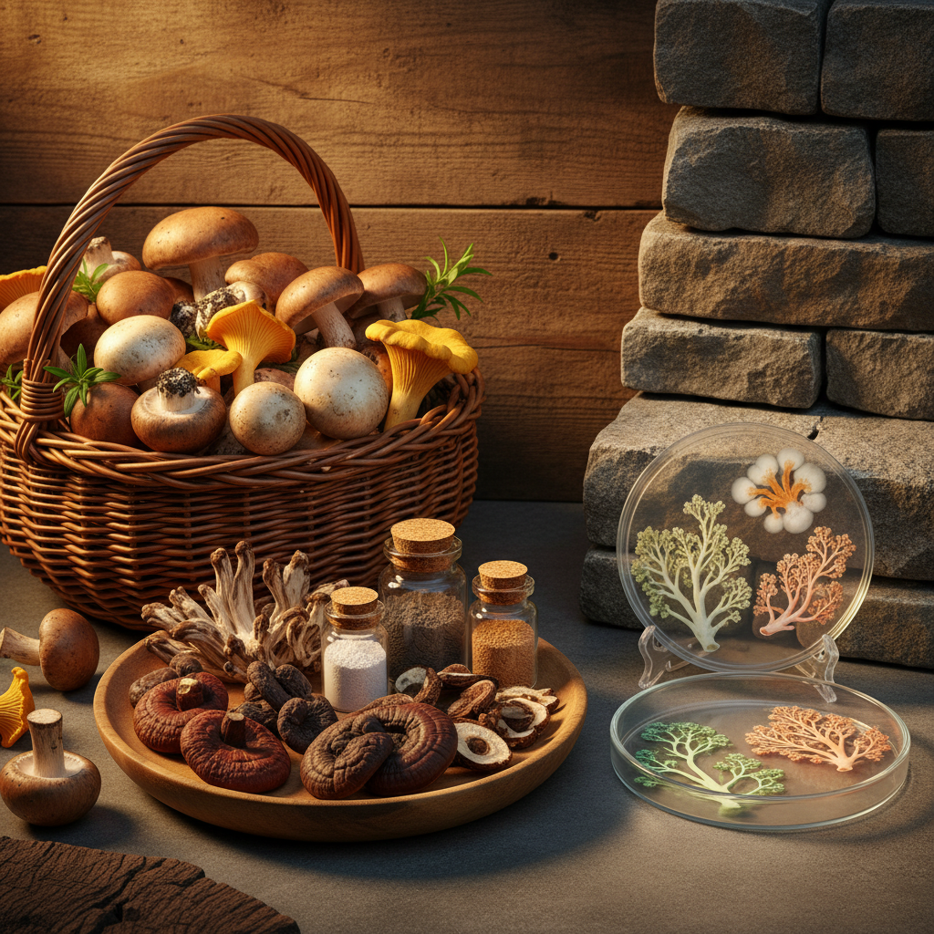 An aesthetically pleasing composition showcasing different uses of mushrooms: fresh edible mushrooms in a rustic basket, dried medicinal mushrooms, and a petri dish with fungi cultures for research. Warm, inviting lighting, natural wood or stone background with rich textures. No visible text.