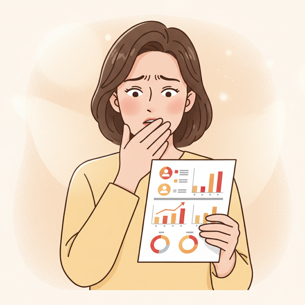 A Korean woman in her 40s looking concerned while reviewing health check-up results, holding a paper, clean infographic style, warm lighting, textured background, no text