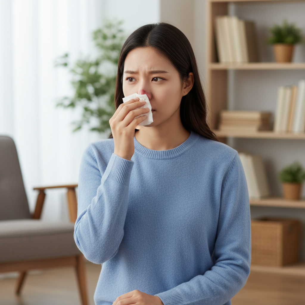 A person experiencing a sudden nosebleed, looking slightly concerned but composed, holding a tissue. Bright, balanced lighting, a subtly textured background of a living room, Korean appearance, natural expression, centered focus, no text. Lifestyle photography.