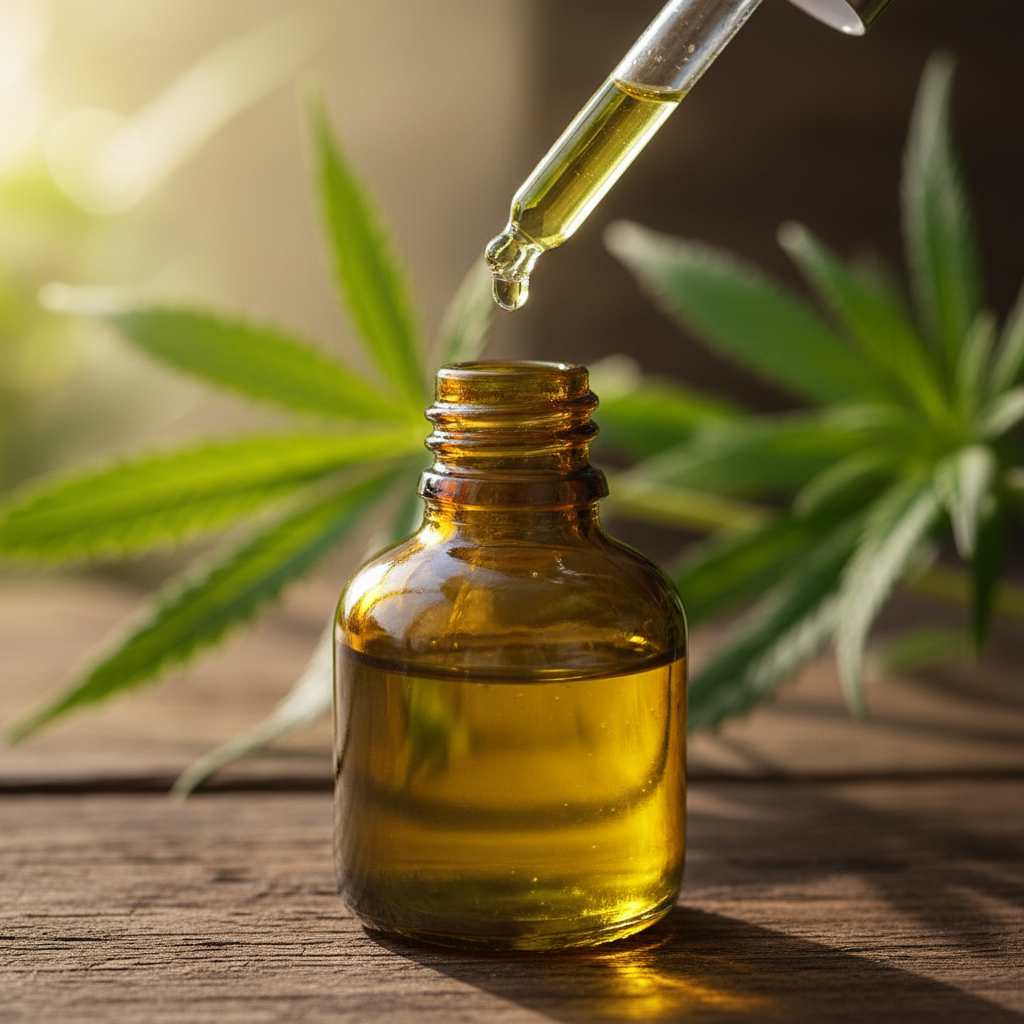 A small bottle of hemp seed oil, with a single drop falling from a dropper, natural setting, warm lighting, textured green and brown background, no text, lifestyle photography