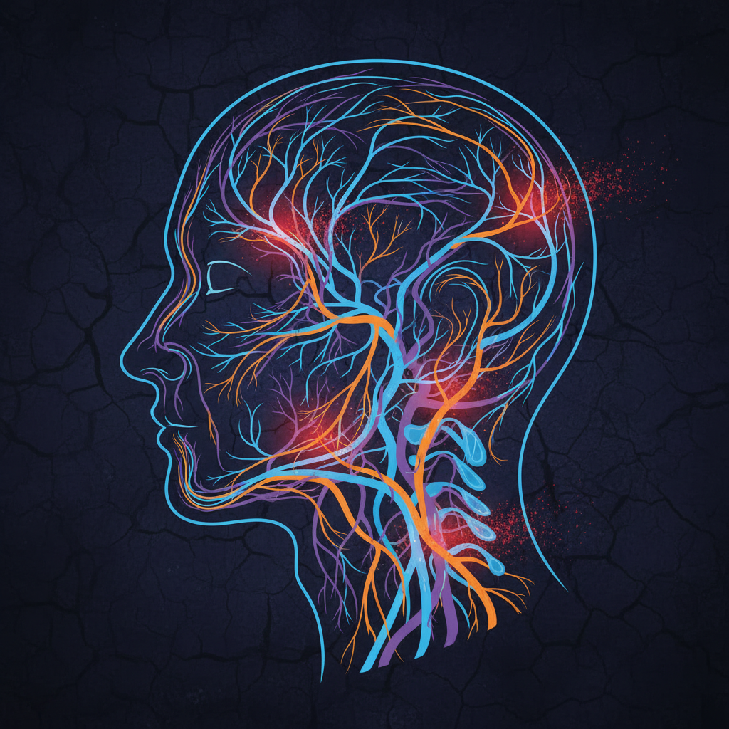 A vivid illustration of nerve pathways in the head and neck, with a subtle indication of inflammation or irritation, clean infographic style, high contrast, textured background, no text