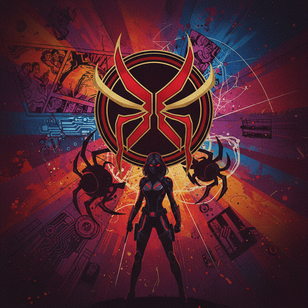 An artistic rendering illustrating various pop culture references inspired by the black widow spider, such as a superhero emblem or a game character's silhouette, subtly integrated into a dynamic composition. Vibrant, textured background. No visible text.