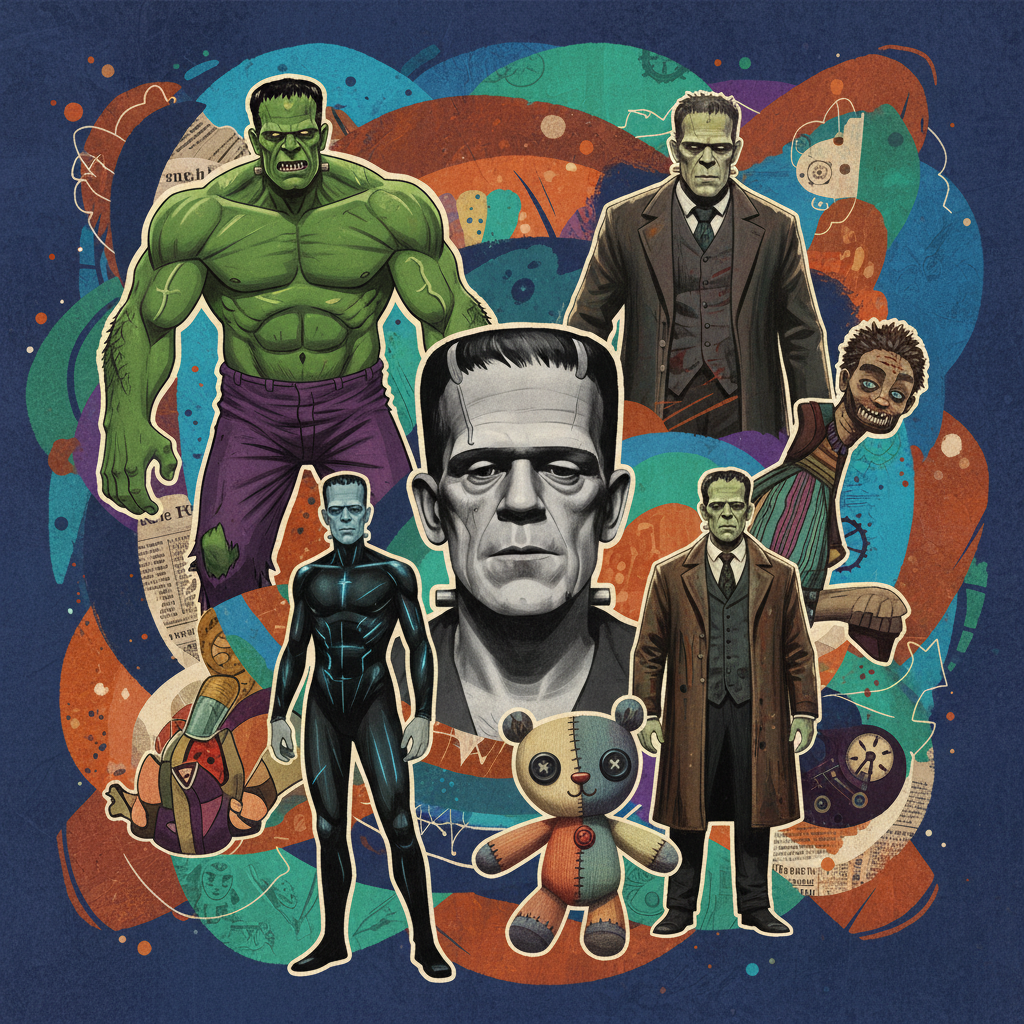 A vibrant collage illustration depicting various interpretations of Frankenstein's monster from different media like old films, comics, and modern adaptations, showcasing its wide cultural influence, illustration, artistic rendering, colorful background, no text