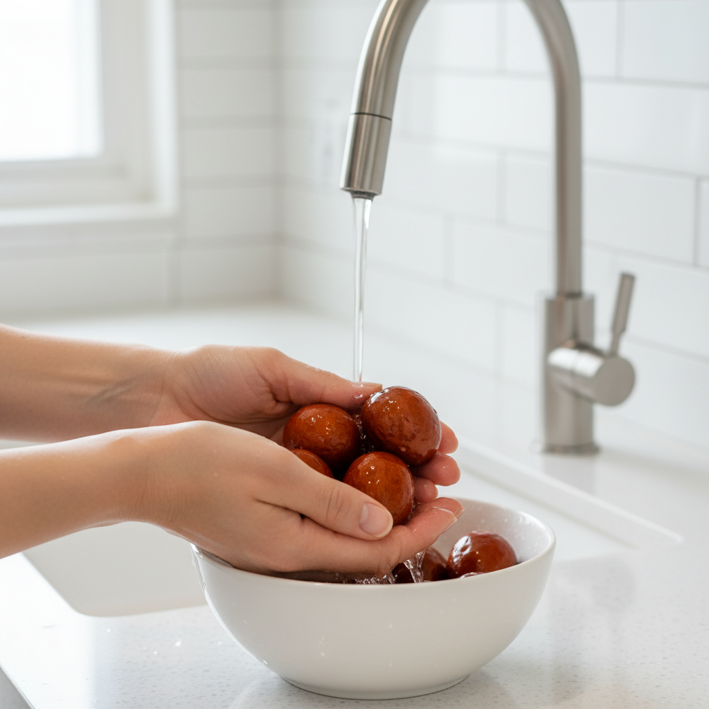 A close-up shot of Korean hands gently washing fresh jujubes (daechu) under running water, clean kitchen background, bright lighting, no text