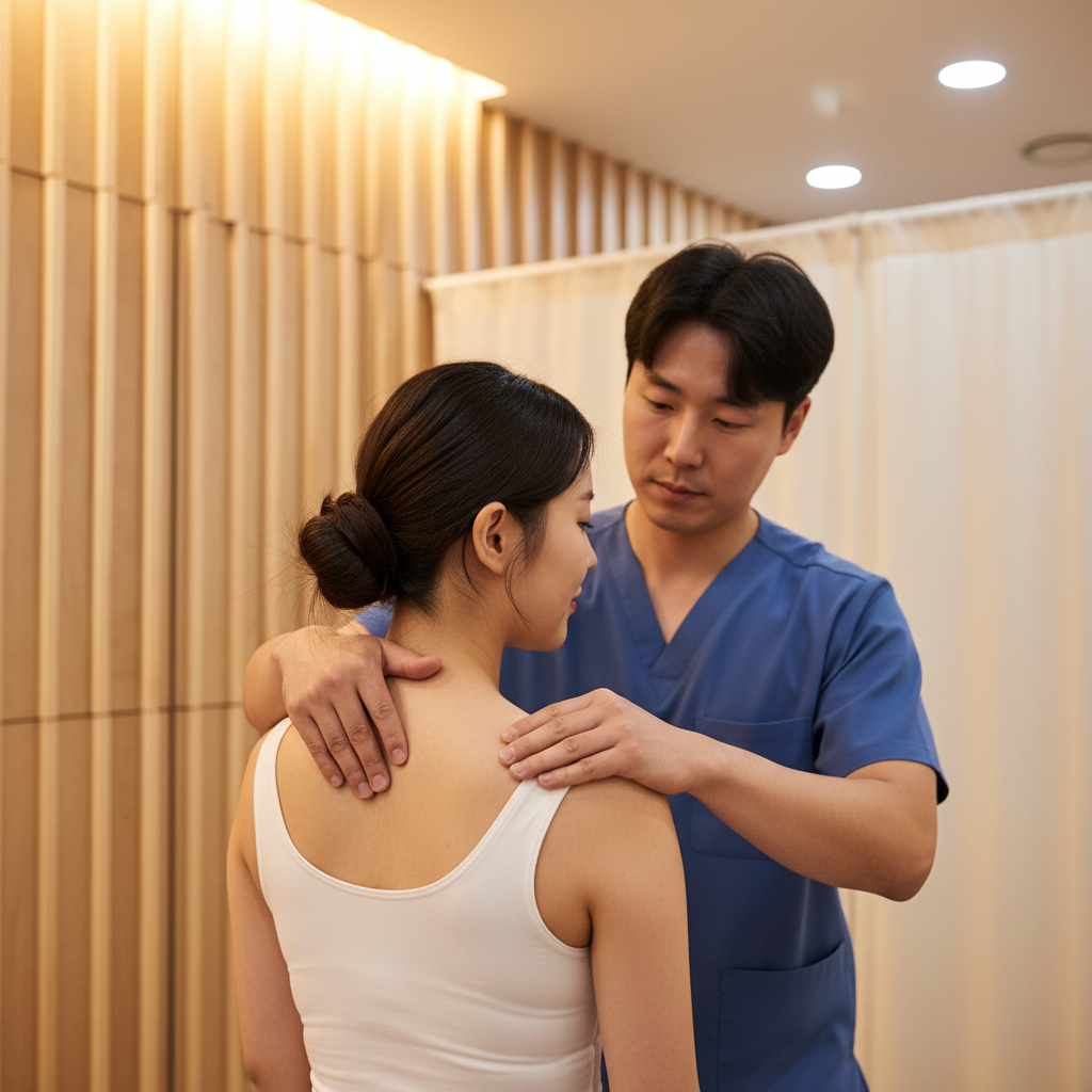 A Korean woman receiving manual therapy on her shoulder from a physical therapist, soft and professional ambiance, warm lighting, textured background, no text
