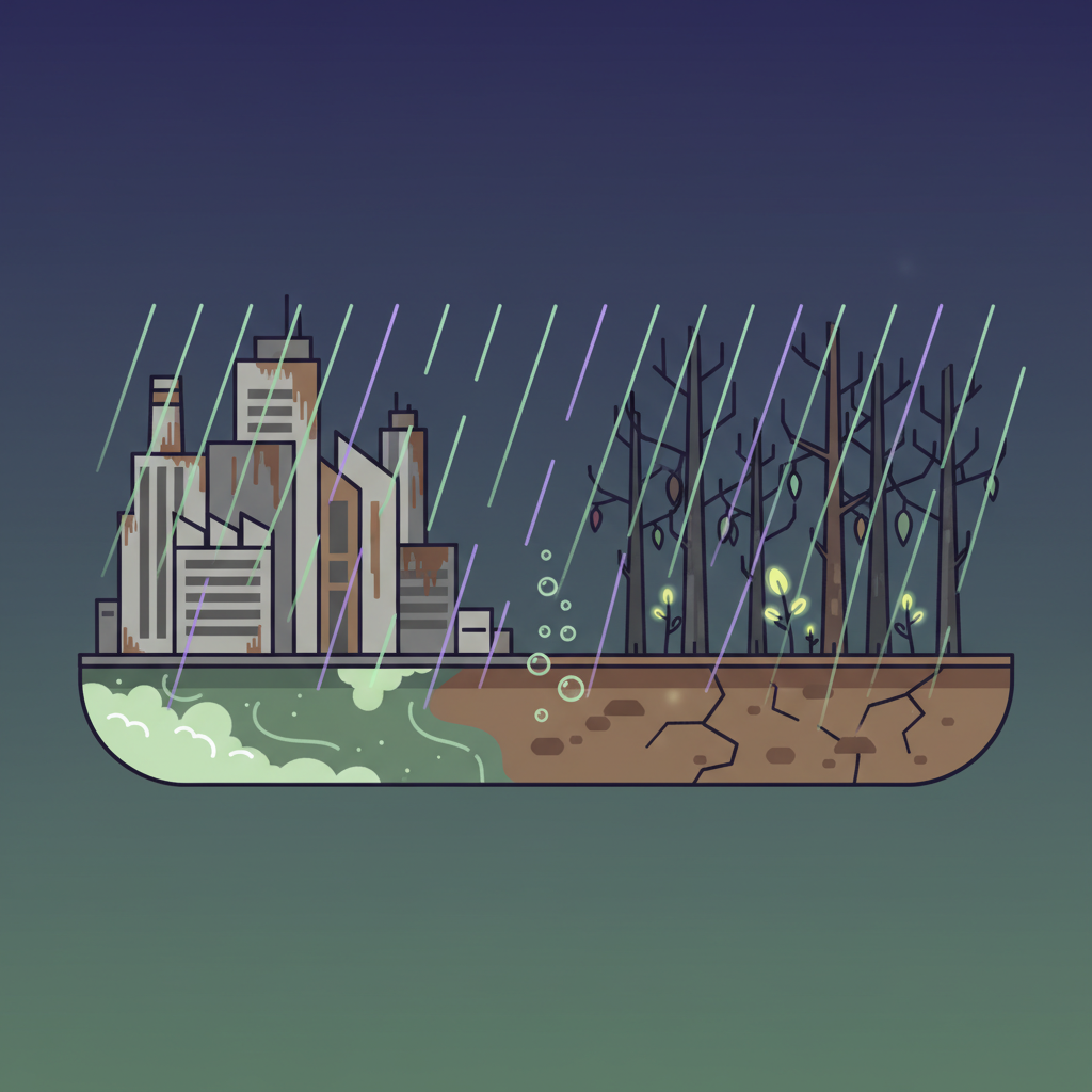 Acid rain falling over a mixed urban and natural landscape, subtle signs of environmental impact, clean infographic style, high contrast, colored background, no text