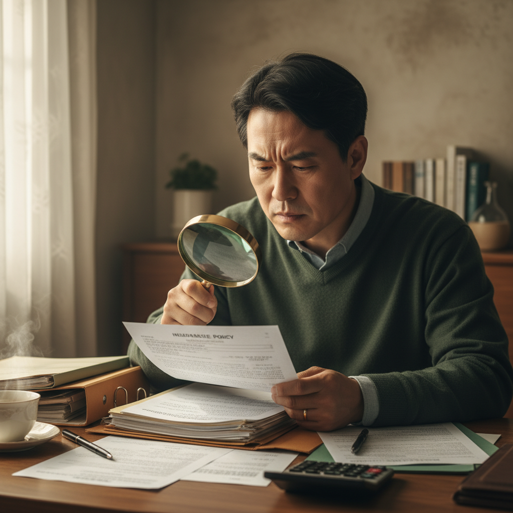 A Korean man intently examining insurance policy documents with a magnifying glass on a desk with multiple papers, focused expression, good lighting, textured background, no text
