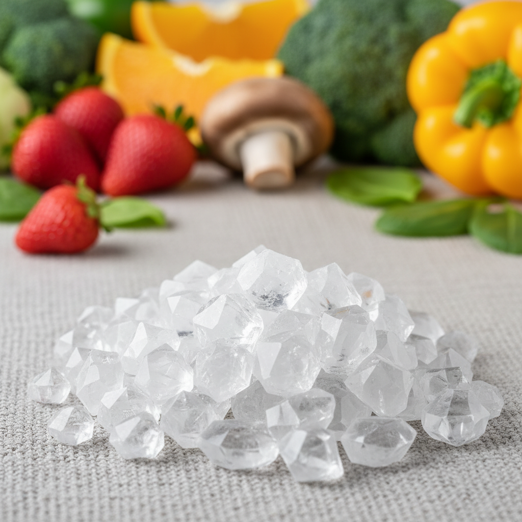 Close-up macro shot of erythritol crystals, with blurred background elements showing fresh fruits, vegetables, and mushrooms, clean infographic style, high contrast, textured background, no text