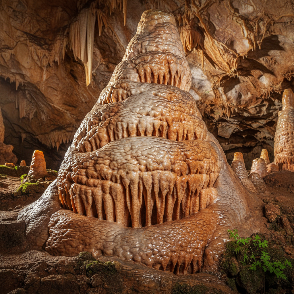 A detailed shot of a stalagmite rising from the cave floor, showcasing its layered texture and unique formation, soft, warm lighting, earthy tones, natural rock background, no text