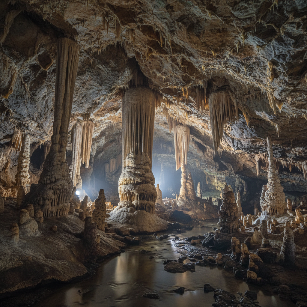A wide-angle view inside a vast cave, showing various formations including stalactites, stalagmites, and columns, with dramatic lighting creating shadows and highlights, rich, dark rock background, no text