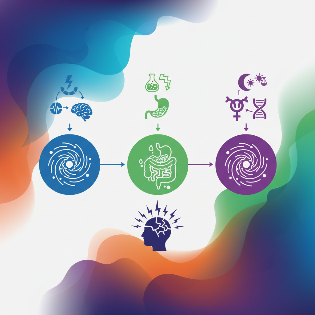 Clean infographic, modern layout, high contrast, illustrating various causes of headache and nausea such as brain, stomach, and hormonal influences with symbolic icons, vivid colored background, no text.