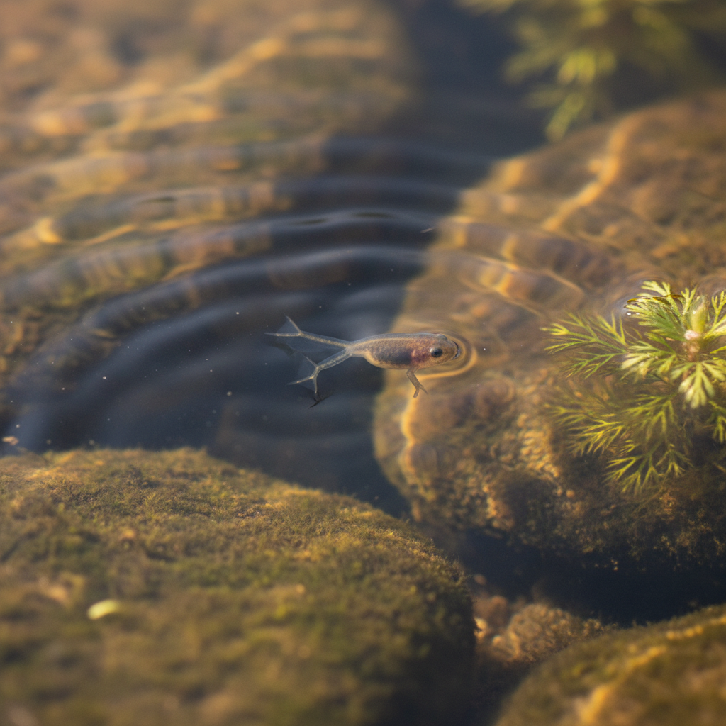 A realistic depiction of a tadpole with clearly visible, newly emerging hind legs, swimming in clear water with gentle ripples, lifestyle photography, warm lighting, natural setting, textured background, no text
