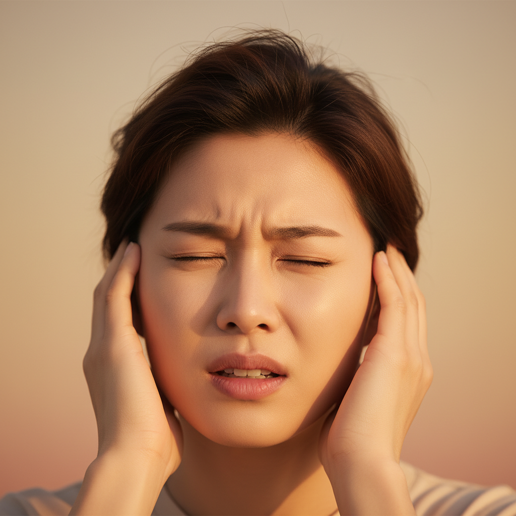 A Korean person experiencing sharp, shooting pain in the back of their head, hands gently touching the neck area, concerned expression, warm lighting, soft gradient background, no text