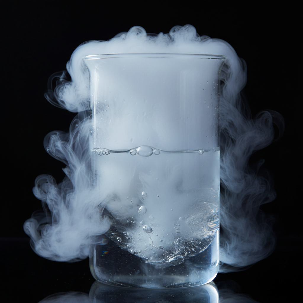Dry ice releasing dense white fog in a glass of water, dark background with subtle blue lighting, visually striking, scientific demonstration, no text