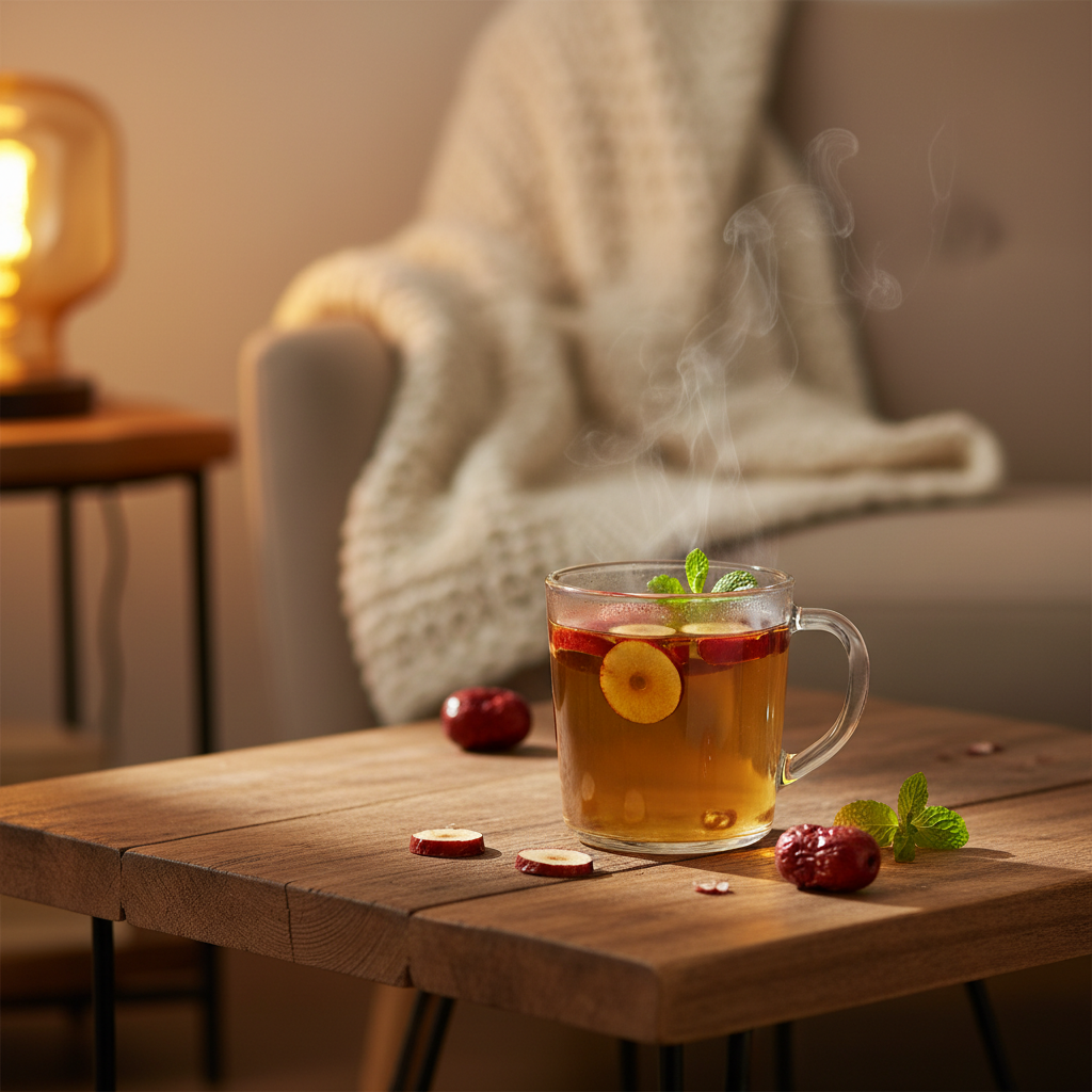 A cozy indoor scene with a steaming cup of jujube tea, warm lighting, natural wooden table, soft textured background, no text, lifestyle photography