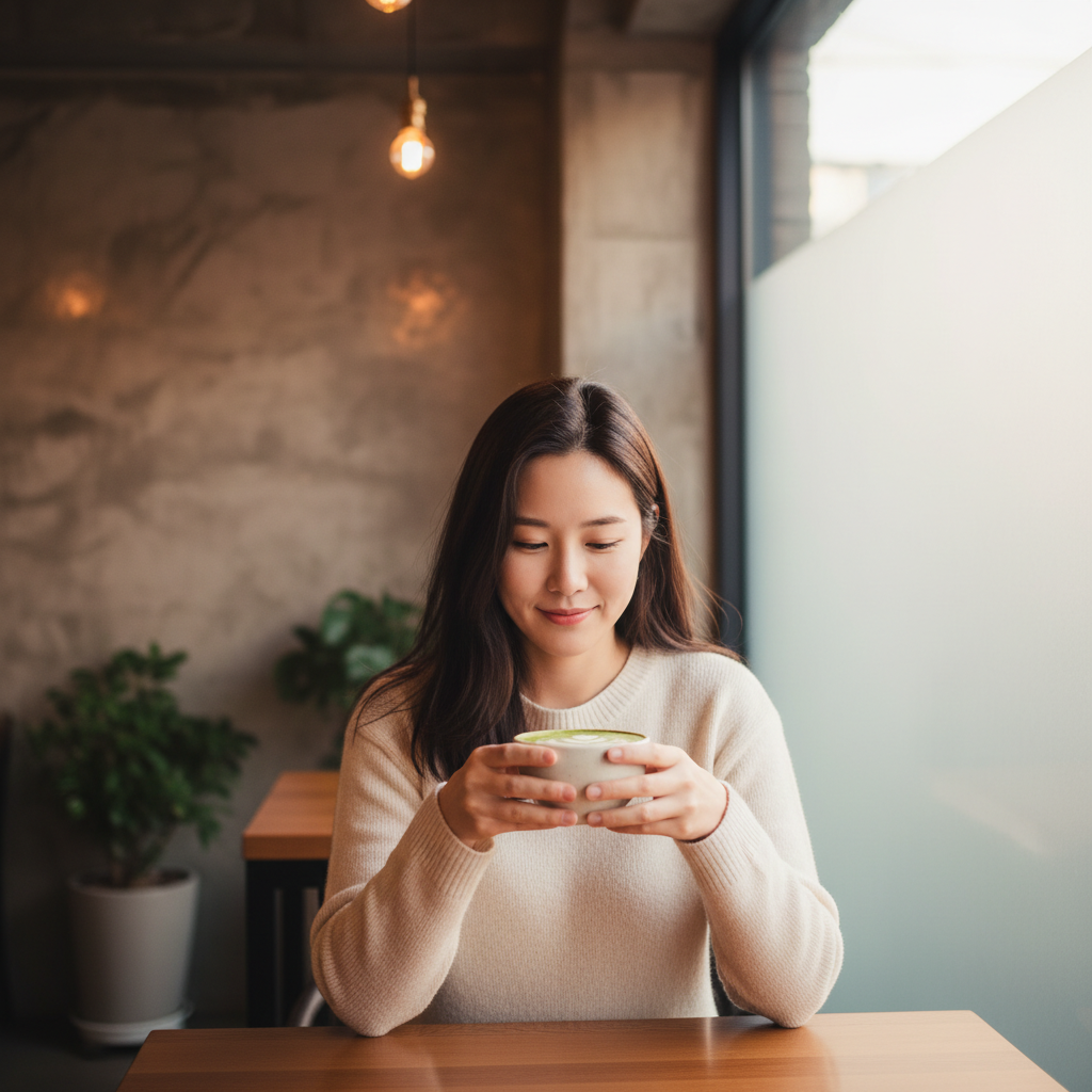 A serene Korean woman enjoying a matcha latte, looking calm and focused, in a modern cafe with soft, warm lighting and a textured wall background, lifestyle photography, natural expression, centered focus, no text