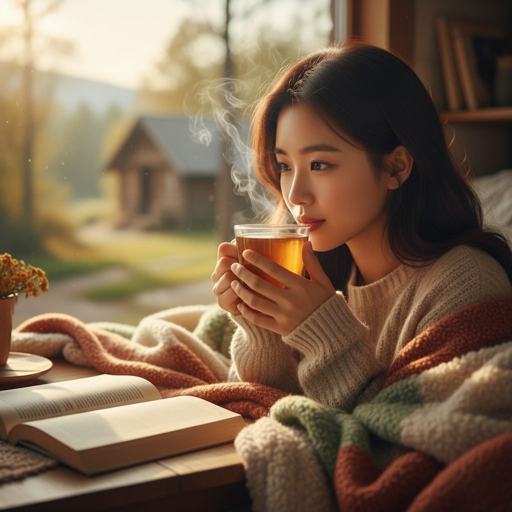 A close-up lifestyle photography of a Korean person gently sipping a warm herbal tea from a mug, steam rising, warm lighting, natural setting with cozy blankets, blurred background, no text