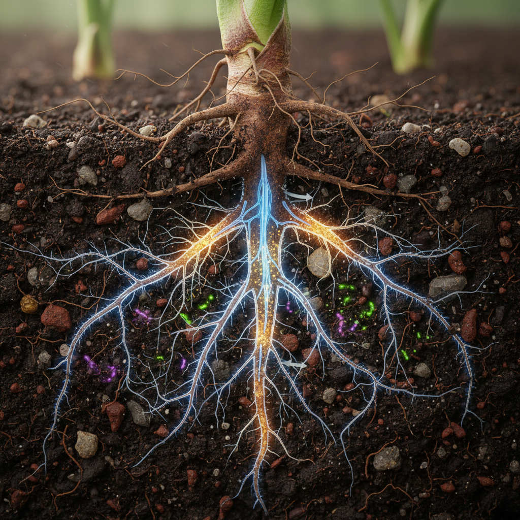 Realistic depiction of plant roots actively absorbing minerals and water from rich, fertile soil, with a cross-section view showing nutrient uptake, detailed composition, textured background, no text.