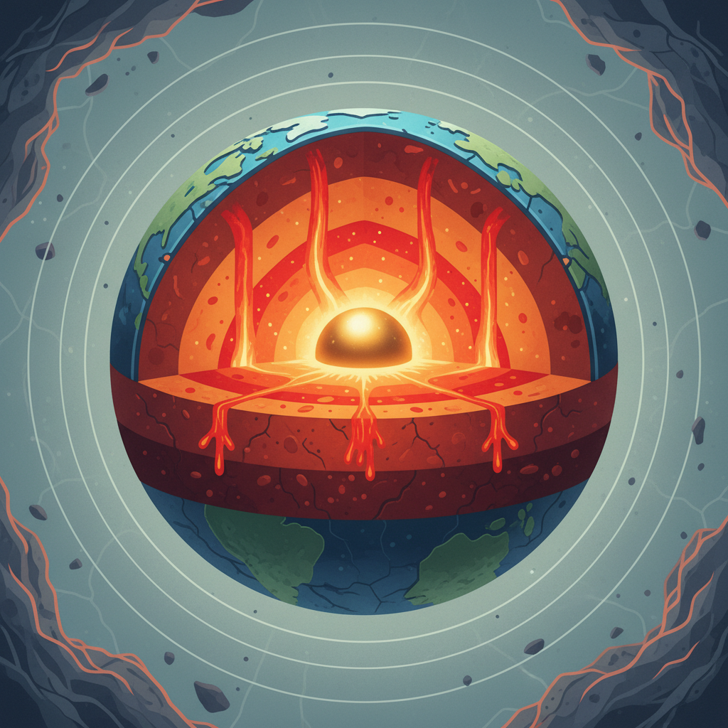 A dynamic, clean infographic showing the Earth's layers with glowing red magma rising from the mantle, high contrast, modern layout, textured background, no text, bright, balanced lighting, centered focus, visually rich, no empty margins