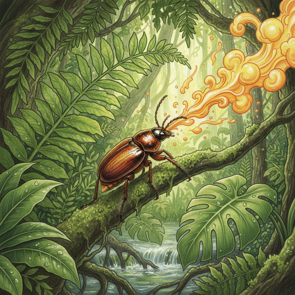 A vibrant and detailed illustration of a bombardier beetle spraying hot chemical substances from its rear, in a natural setting with lush greenery and a textured background. The beetle is centered, no text.