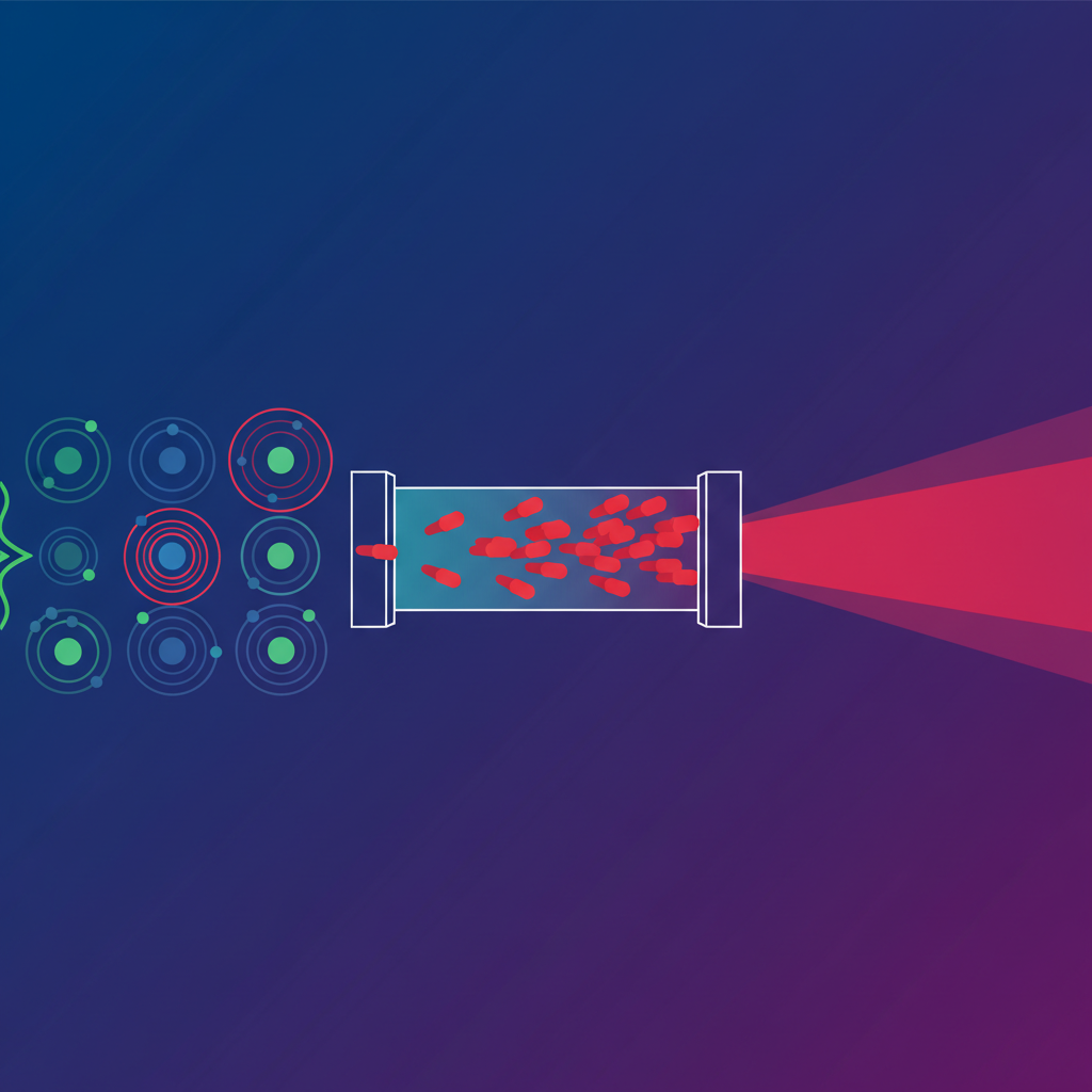 clean infographic illustrating the principle of laser generation, showing atoms, photons, and light amplification by stimulated emission, modern layout, high contrast, colored background, no visible text