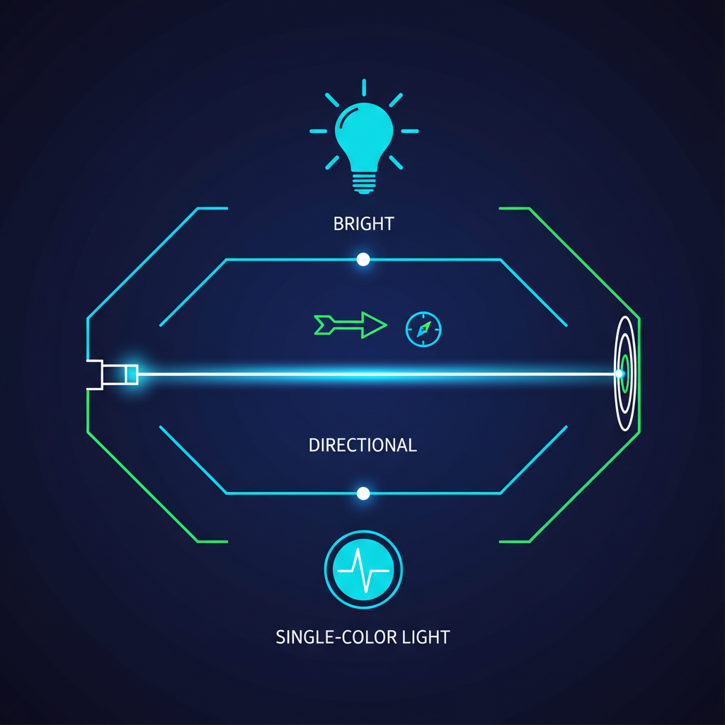 clean infographic showing a laser beam's characteristics: bright, directional, single-color light, modern layout, high contrast, colored background, no visible text