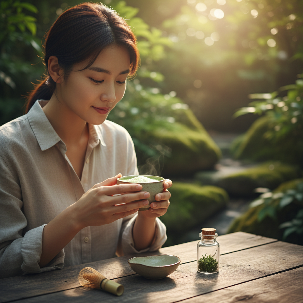 A Korean person thoughtfully looking at a cup of matcha, with subtle visual cues suggesting moderation or balanced intake, natural setting, warm lighting, textured background, no text