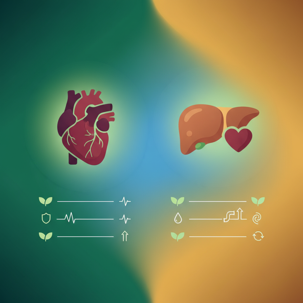 Clean infographic showing the benefits of matcha for heart and liver health, with stylized icons for heart and heart and liver organs, modern layout, high contrast, colored gradient background, no text