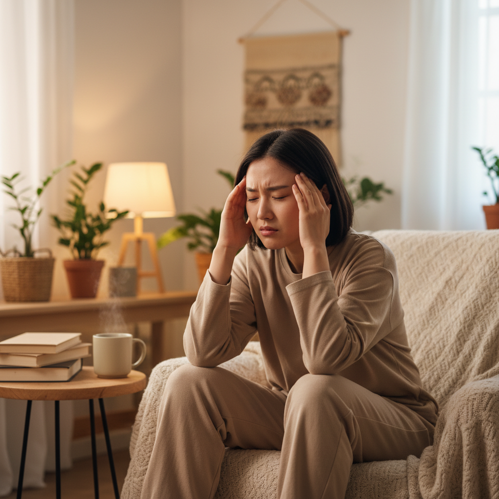 A Korean person looking uncomfortable, holding their head, with a slightly queasy expression, soft warm lighting, cozy room background, lifestyle photography, natural setting, no text.