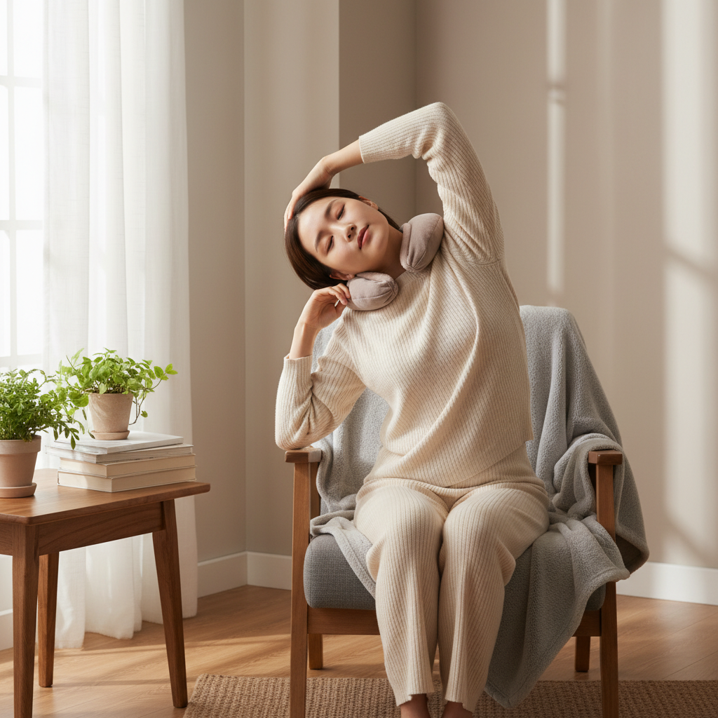 A Korean person performing a gentle neck and shoulder stretch, a warm compress on their neck, in a bright, cozy room with natural lighting, lifestyle photography, natural setting, no text