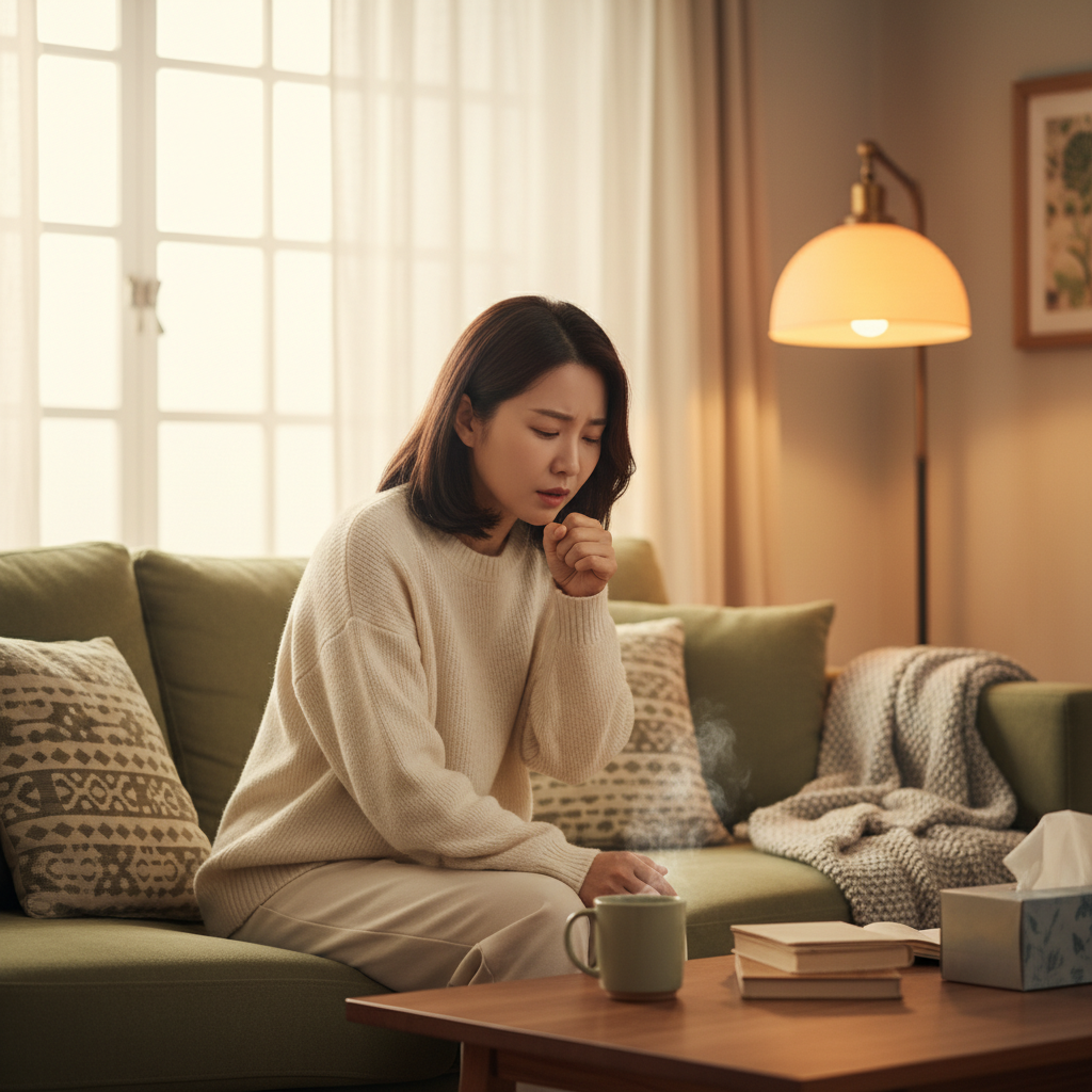 A Korean woman gently coughing, a worried expression, in a cozy living room with warm lighting, soft gradient background, lifestyle photography, no text