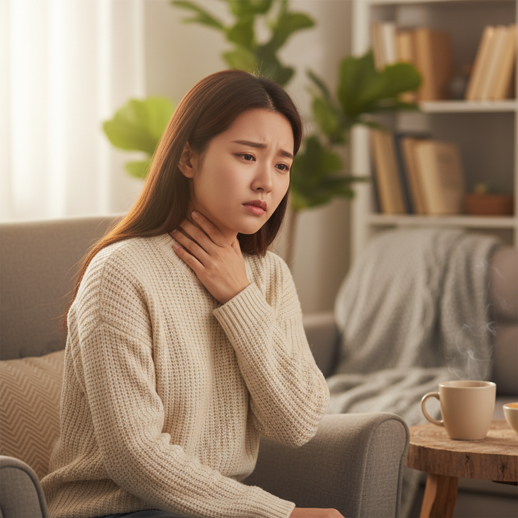 A Korean woman in a cozy, natural setting, gently touching her throat with a discomforted expression, subtle warm lighting, blurred background showing a living room, no text