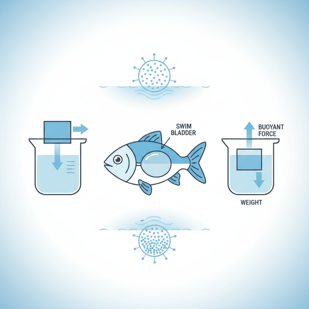 Clean infographic showing the principle of buoyancy with a fish and its swim bladder, simple diagrams illustrating density and water displacement, light blue and white gradient background, no text