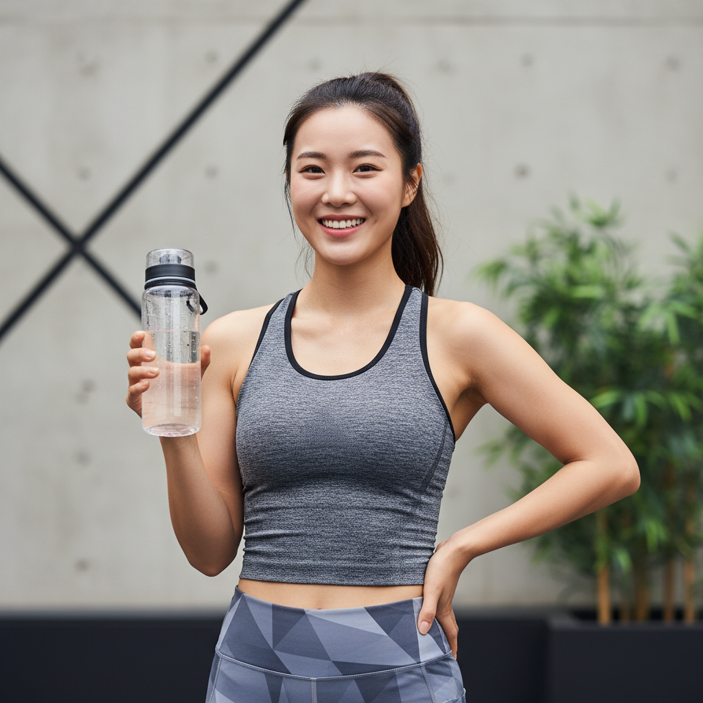 A cheerful Korean woman holding a water bottle after a workout, bright balanced lighting, textured background, no text