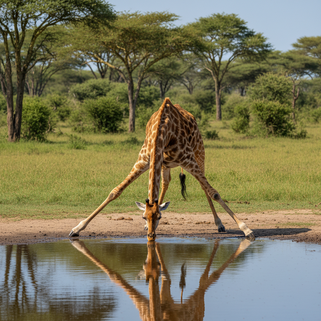 A giraffe carefully bending its long neck to drink water, with its front legs spread wide, bright natural lighting, lush green savanna background, no text, lifestyle photography