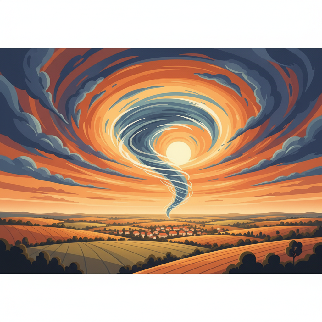 A panoramic view of the American Midwest landscape with swirling atmospheric conditions suggesting a powerful weather event, warm lighting, colored background, no text, clean infographic style.