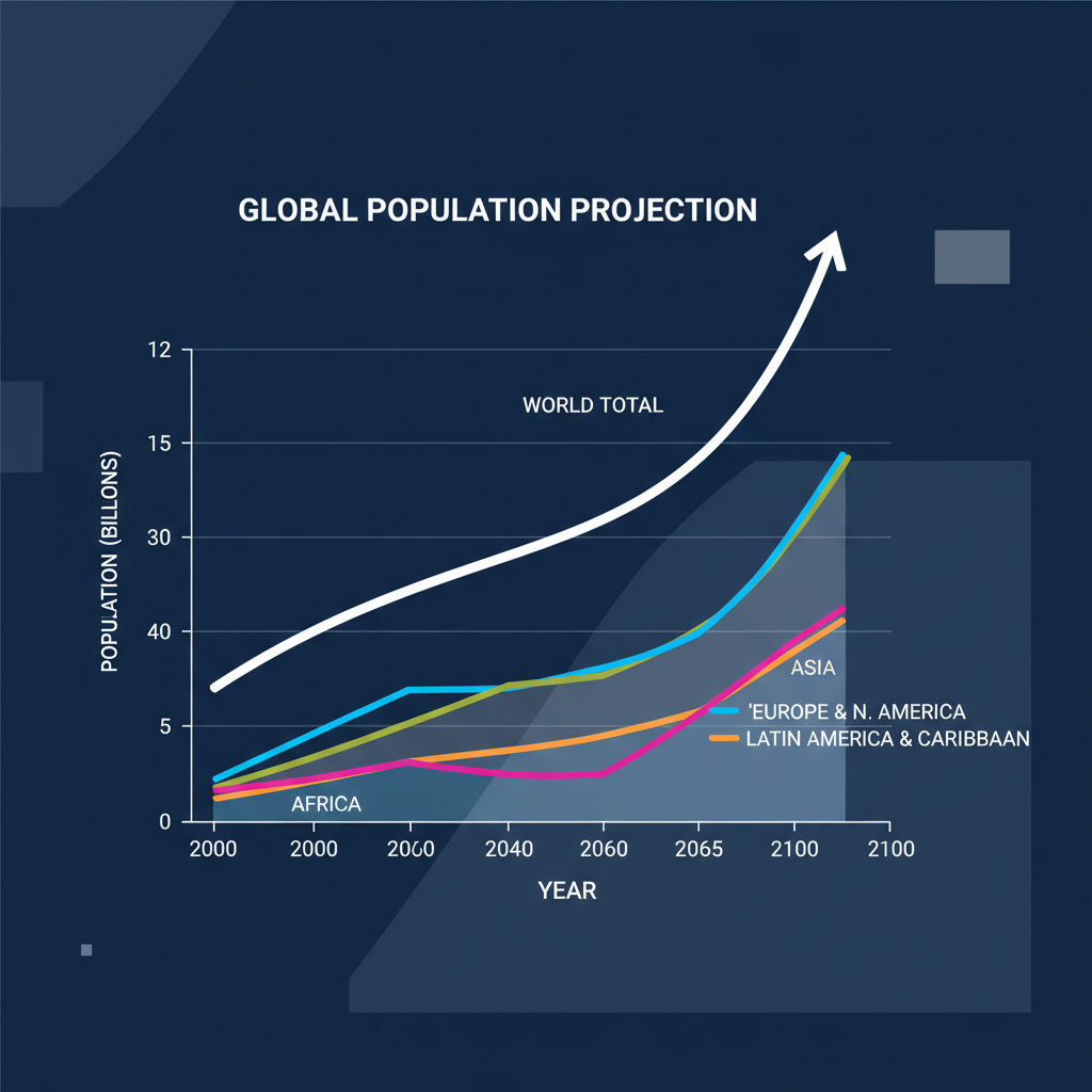 clean infographic, modern layout, high contrast, a simplified chart showing global population projection until 2100 with different regional trends, no visible text