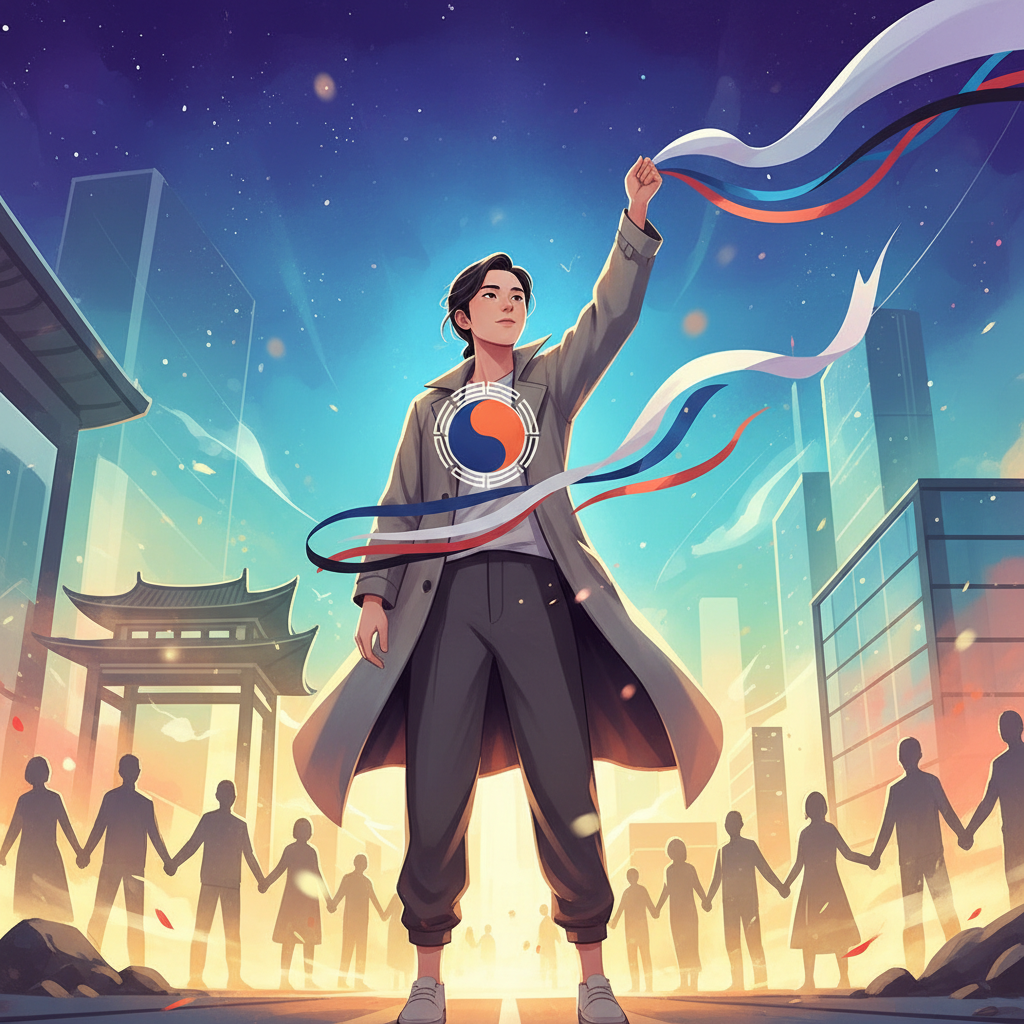An artistic rendering representing the enduring spirit of the 3.1운동, showing a hopeful and determined Korean individual in a modern context, subtly intertwined with elements symbolizing independence and unity. The style is contemporary illustration, with a vibrant, gradient background, no text, aspect ratio 1:1