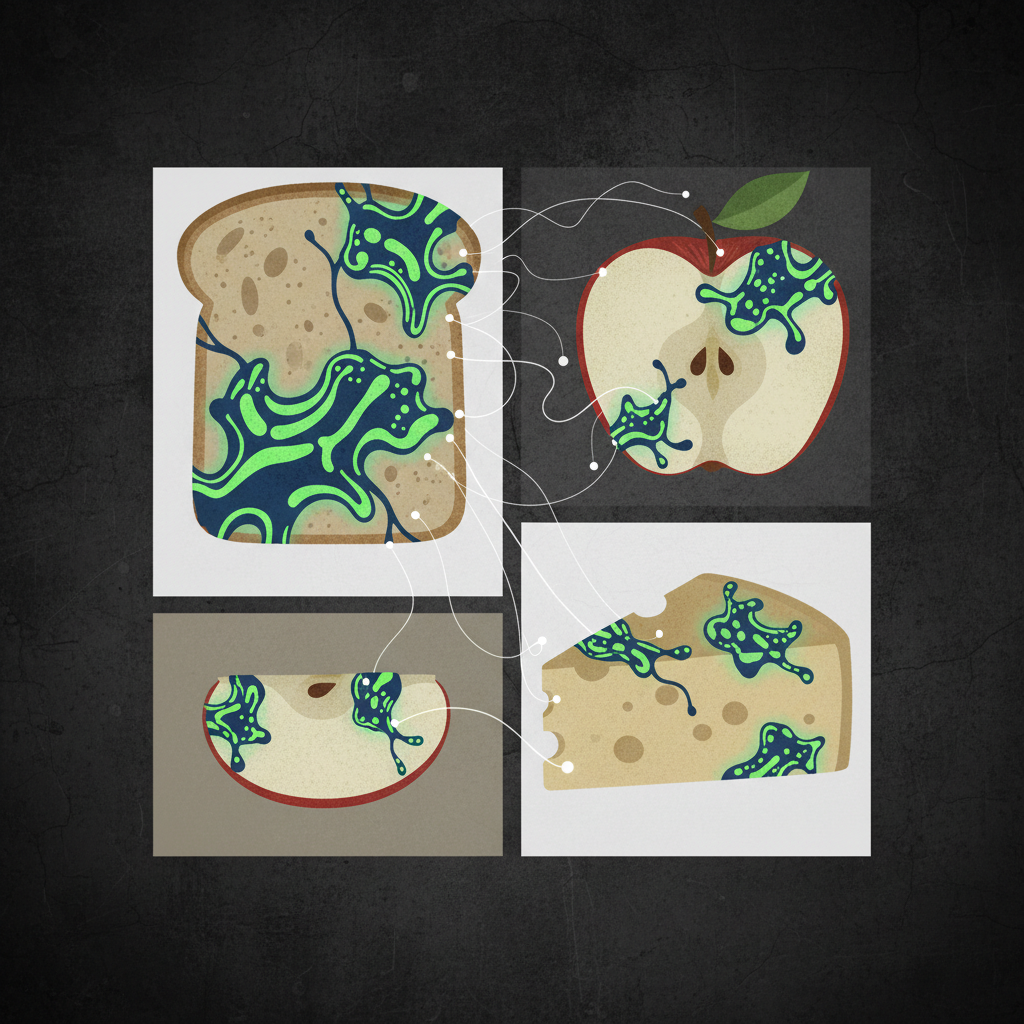A clean infographic showing microscopic organisms (fungi and bacteria) actively growing on food surfaces, represented with abstract green and blue hues. Modern layout, high contrast, textured background, no text.