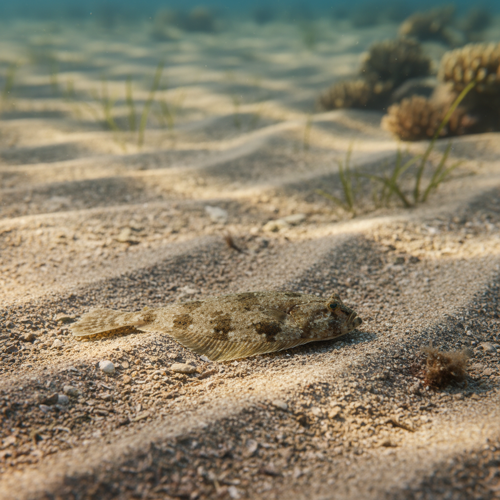 A close-up, vivid lifestyle photograph of a flounder camouflaged on a sandy seabed, warm lighting, natural marine background with subtle textures, no visible text.