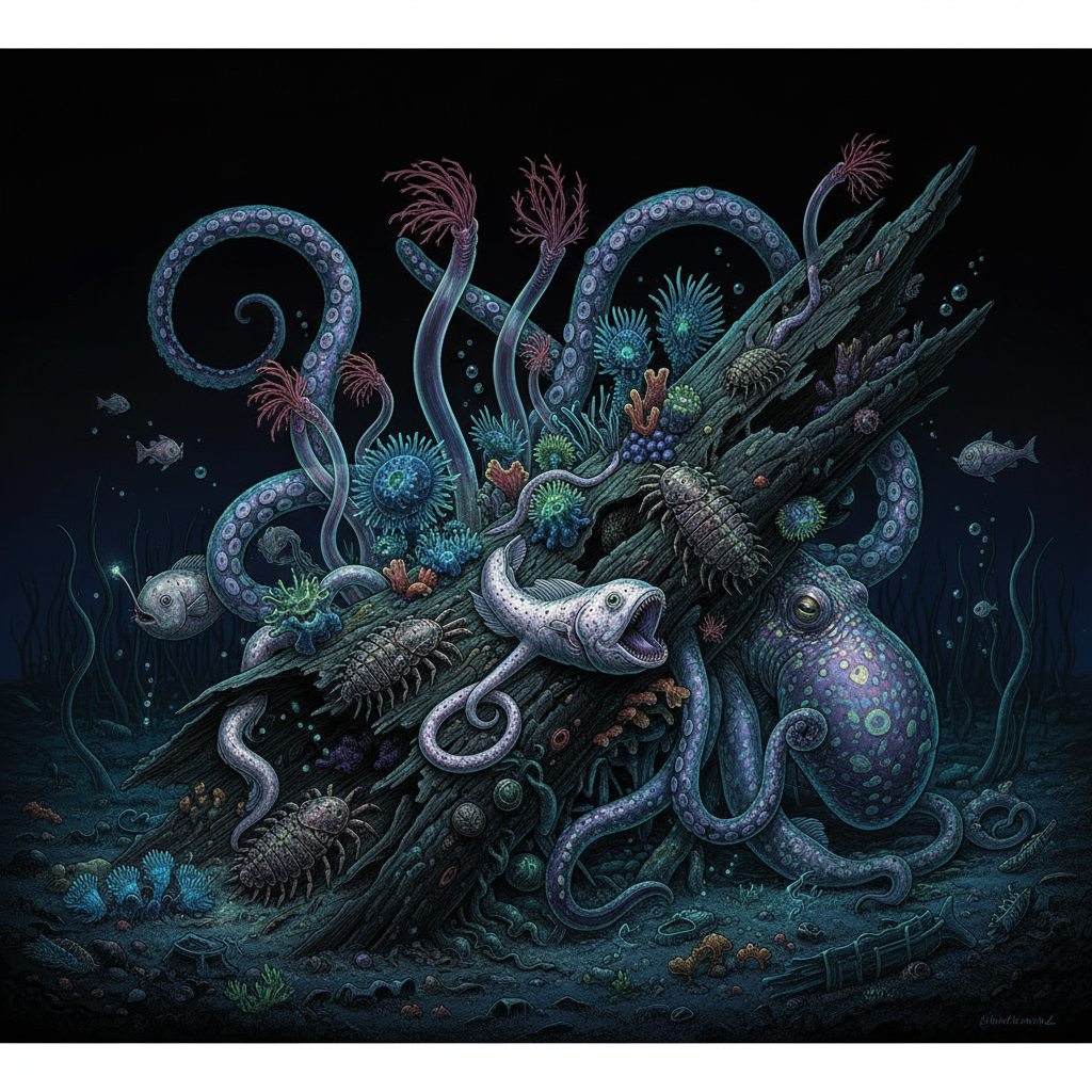 Deep sea floor after one year, large fauna colonizing a piece of wood, dark and mysterious underwater scene, biological illustration, no text